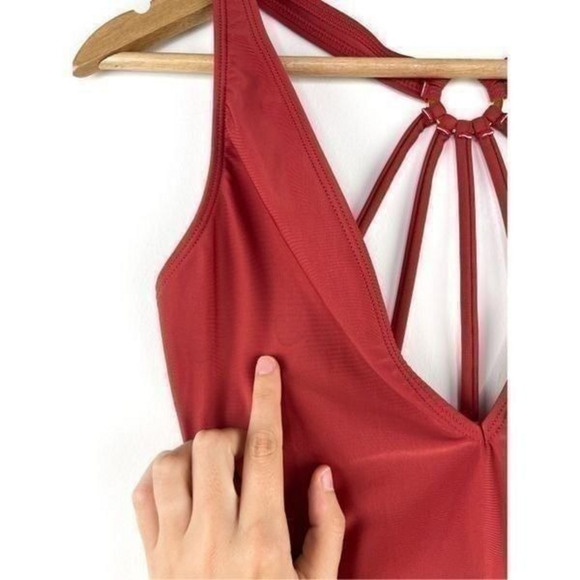 ASOS DESIGN Strappy Ring Back Swimsuit in Rust Plunge Size 2 XS - Picture 6 of 12